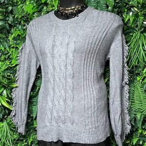 Maurices Sweater Large Gray Cable Knit Fringe Sleeves Women's‎ Preppy 3345